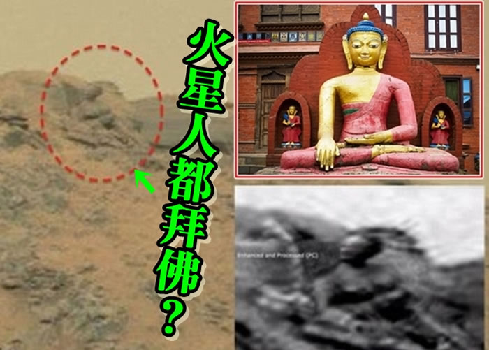 UFO迷称在火星发现“佛像”（红圈及右下图）。右上图为实在的佛像。