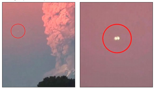 图中奥秘红色亮点是往年4月份在智利卡尔布科火山喷发时发现的，据称数万人看到这个红色UFO。专家称或许是警方营救直升机，但很容易让人们发生错视觉，误以为是外星人飞